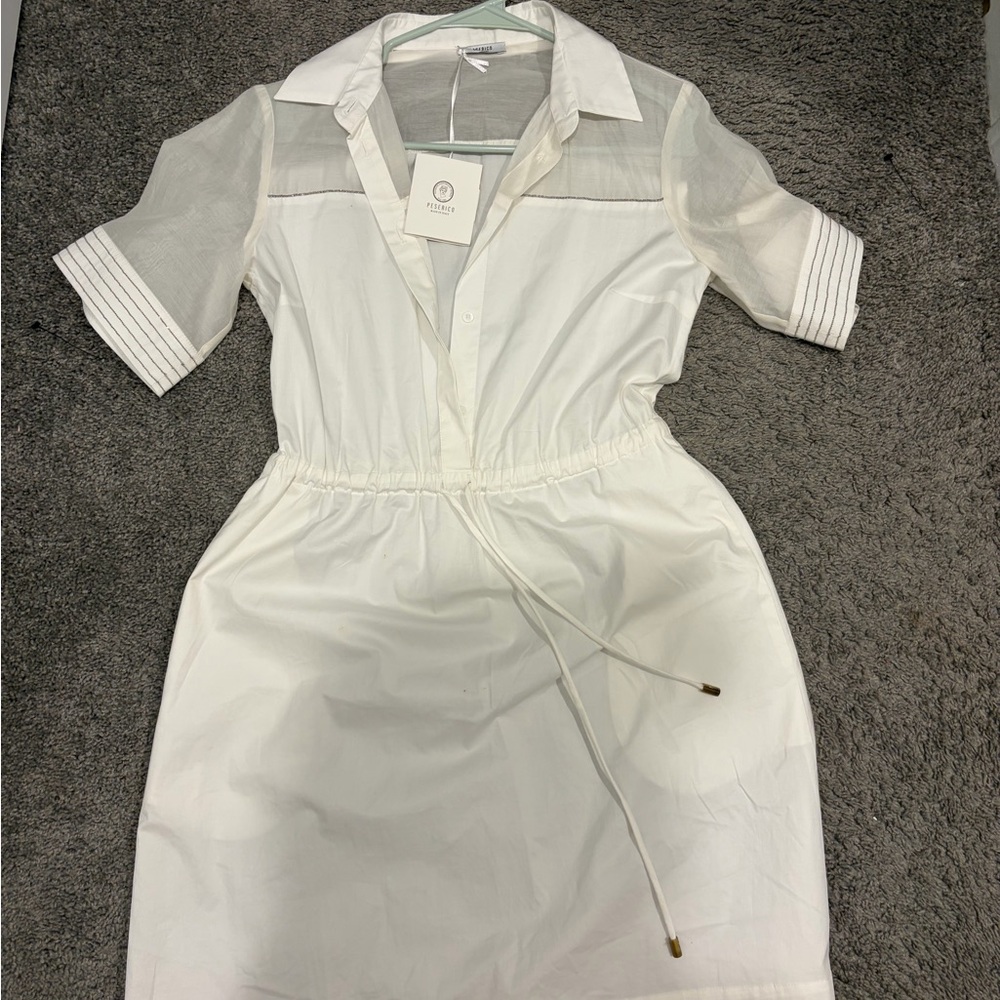 Peserico White Midi Shirt Dress with Sheer Sleeve Panels